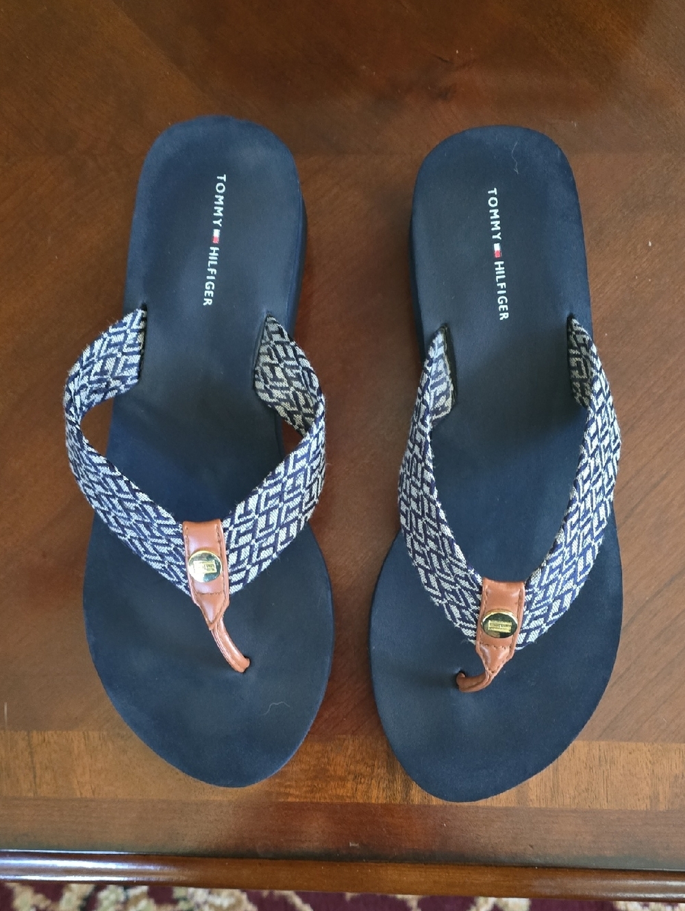 Tommy Hilfiger Navy Blue Patterned Strap Flip Flops with Brown Accents